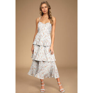 Lulus Cascading Crush Pale Blue Floral Print Tiered Bustier Midi Dress - Size S